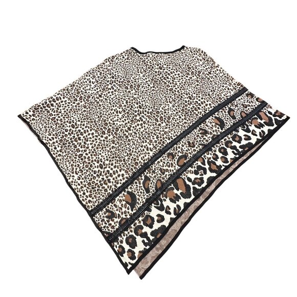 Chico's Poncho L/XL NWT Tan Brown Black Cheetah Trim Sweater Animal Print - Picture 2 of 11